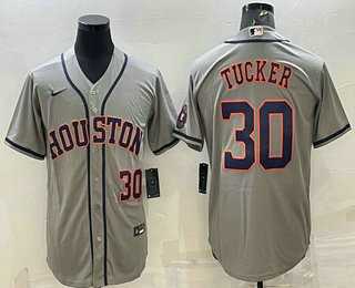 Mens Houston Astros #30 Kyle Tucker Number Grey With Patch Stitched MLB Cool Base Nike Jersey